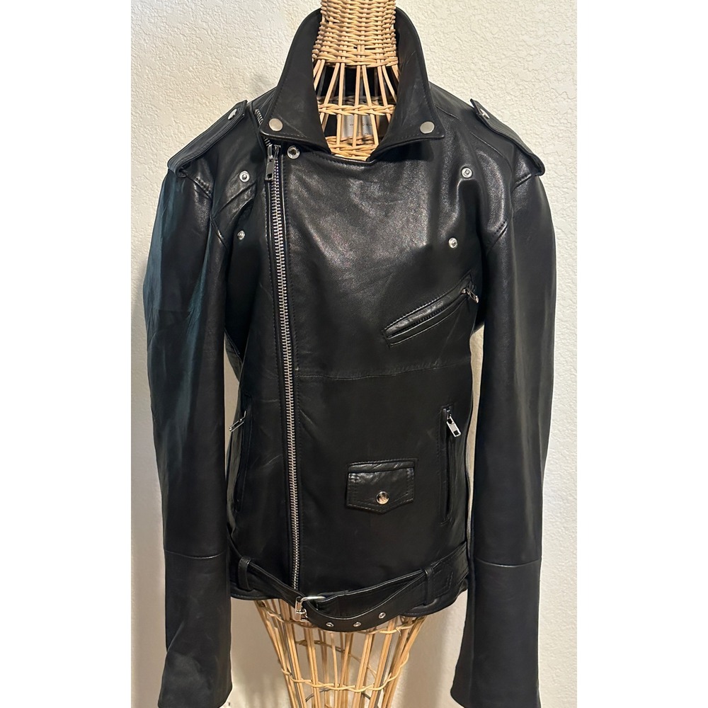 Deadwood Recycled Soft Leather Biker Jacket Black Moto Size Medium Recaimed - Picture 2 of 16